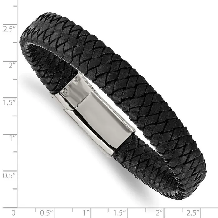 Bracelets Chisel Stainless Steel Polished Black Woven Leather Bracelet Bracelets Chisel Stainless Steel Polished Black Woven Leather Bracelet