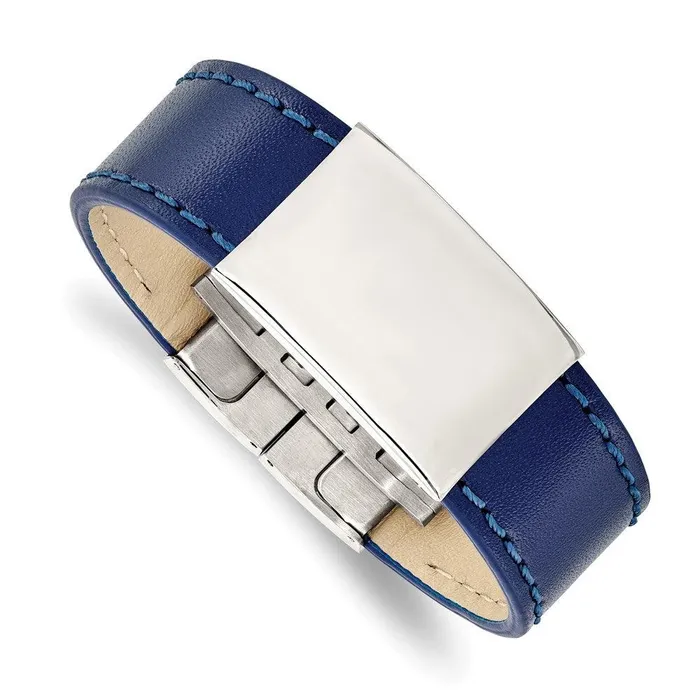 Bracelets Chisel Stainless Steel Polished Blue Leather 825in ID Bracelet