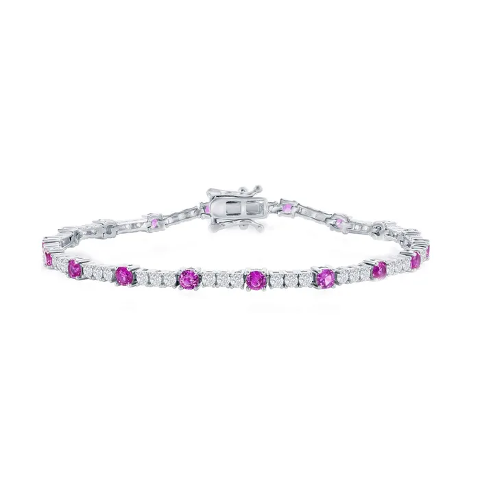 Bracelets Classic Classic Womens Bracelet Silver 3mm Pink Topaz CZ and White CZ Tennis T8029 Bracelets Classic Classic Womens Bracelet Silver 3mm Pink Topaz CZ and White CZ Tennis T8029