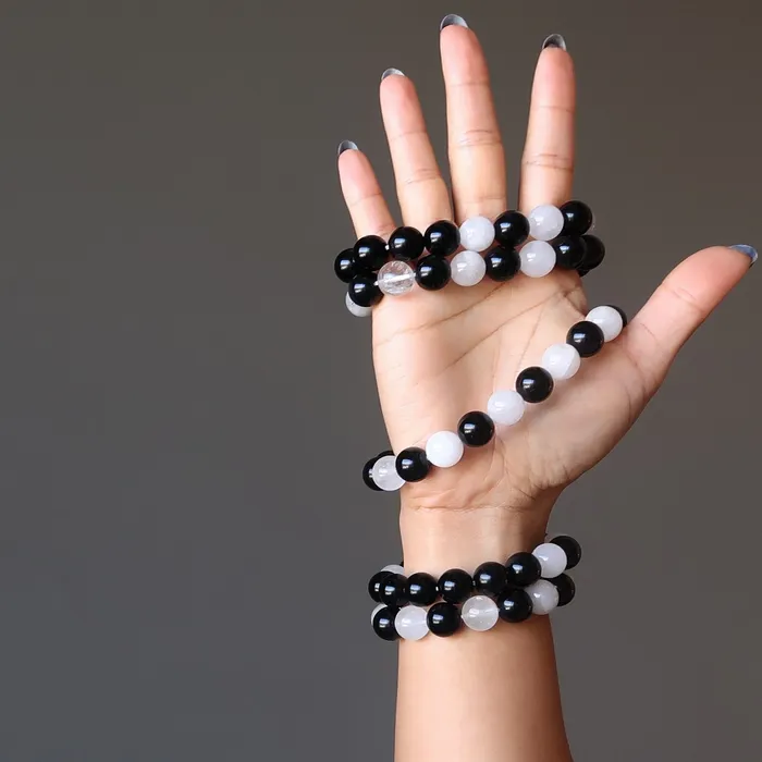 Bracelets Satin Crystals Black Obsidian Bracelet Snow Quartz Guardian