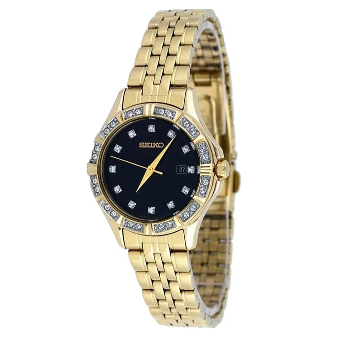 Bracelets Seiko Seiko SXDF20 Womens Swarovski Crystal Accented Bezel Black Dial Gold Plated Steel Bracelet Watch Bracelets Seiko Seiko SXDF20 Womens Swarovski Crystal Accented Bezel Black Dial Gold Plated Steel Bracelet Watch