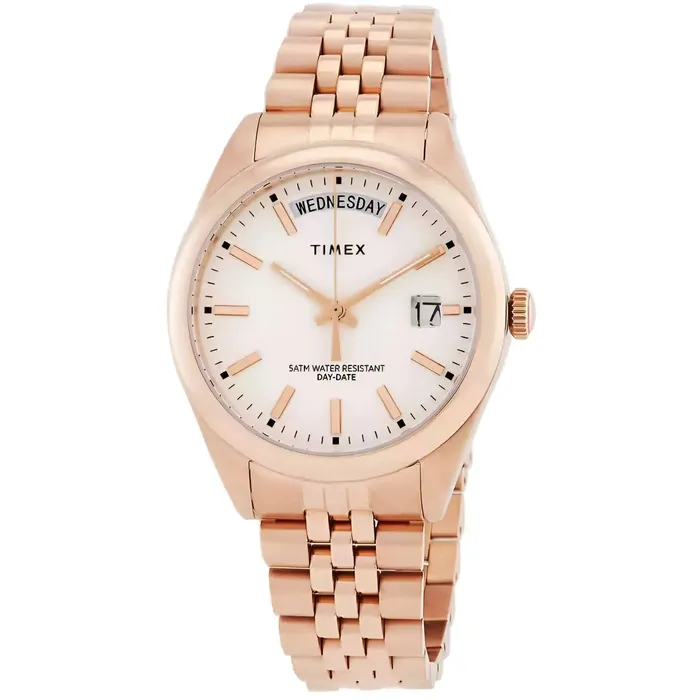 Bracelets Timex Timex Womens Watch Legacy White Dial Rose Gold Bracelet DayDate TW2W32200VQ Bracelets Timex Timex Womens Watch Legacy White Dial Rose Gold Bracelet DayDate TW2W32200VQ