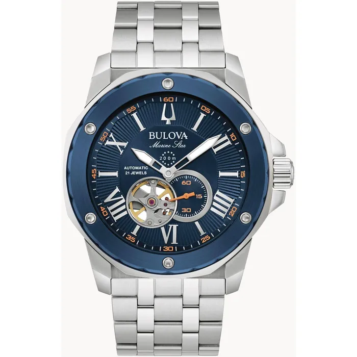 Bulova Bracelets Bulova Mens Watch Marine Star Open Heart Silver and Blue Dial Bracelet 98A302 Bulova Bracelets Bulova Mens Watch Marine Star Open Heart Silver and Blue Dial Bracelet 98A302