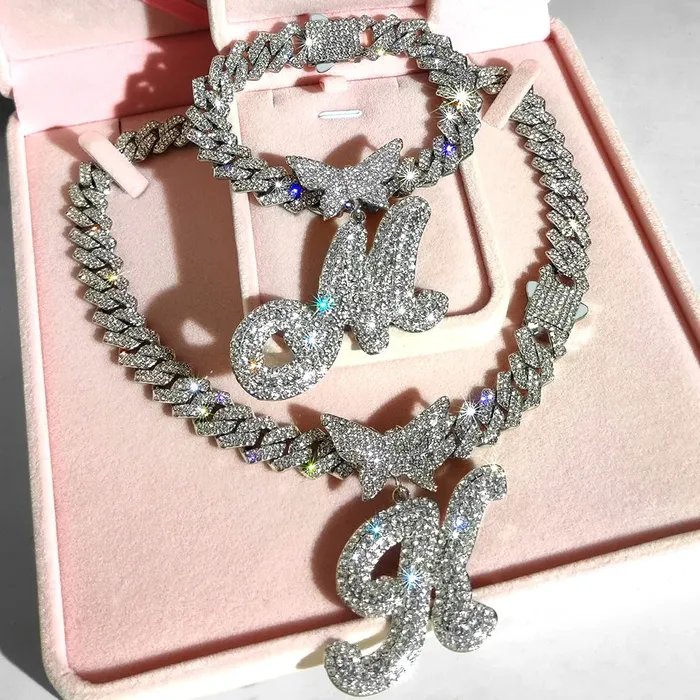 Butterfly Initial Cuban Necklace Bracelet Bundle VVS Jewelry Necklaces