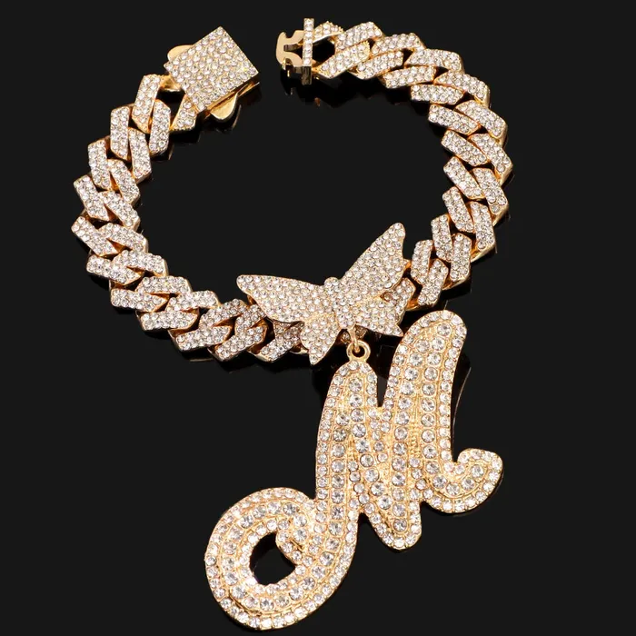 Butterfly Initial Cuban Necklace Bracelet Bundle VVS Jewelry Necklaces