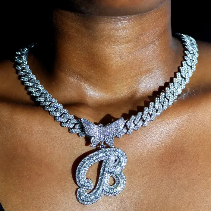 Butterfly Initial Cuban Necklace Bracelet Bundle VVS Jewelry Necklaces