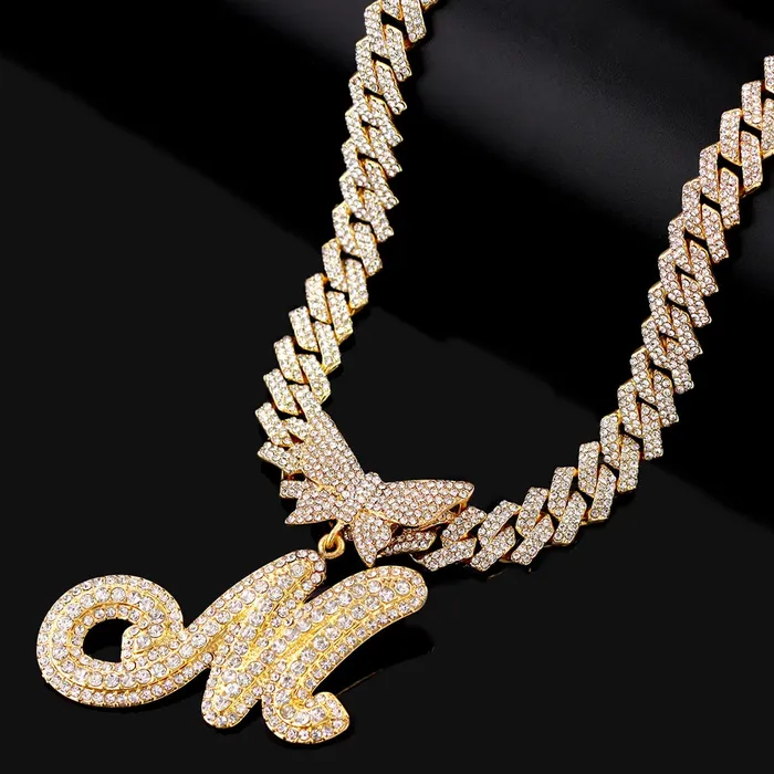 Butterfly Initial Cuban Necklace Bracelet Bundle VVS Jewelry Necklaces