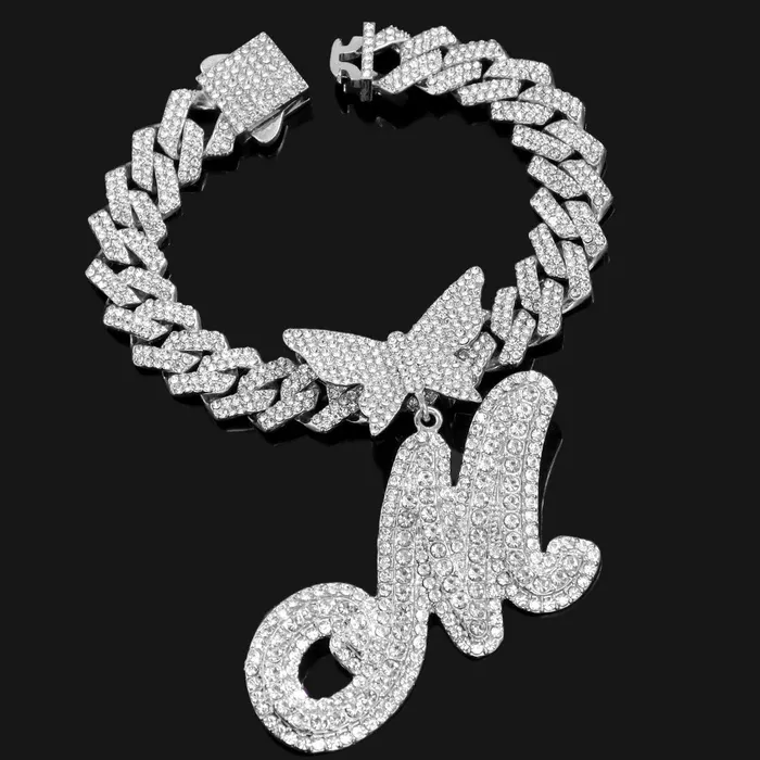 Butterfly Initial Cuban Necklace Bracelet Bundle VVS Jewelry Necklaces
