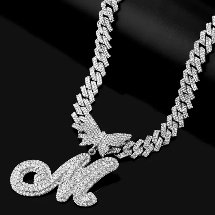 Butterfly Initial Cuban Necklace Bracelet Bundle VVS Jewelry Necklaces