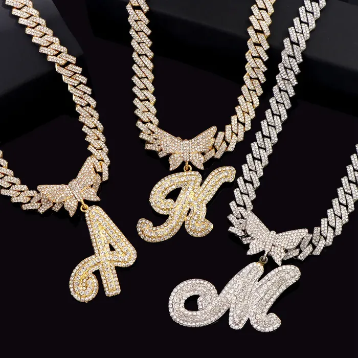Butterfly Initial Cuban Necklace Bracelet Bundle VVS Jewelry Necklaces
