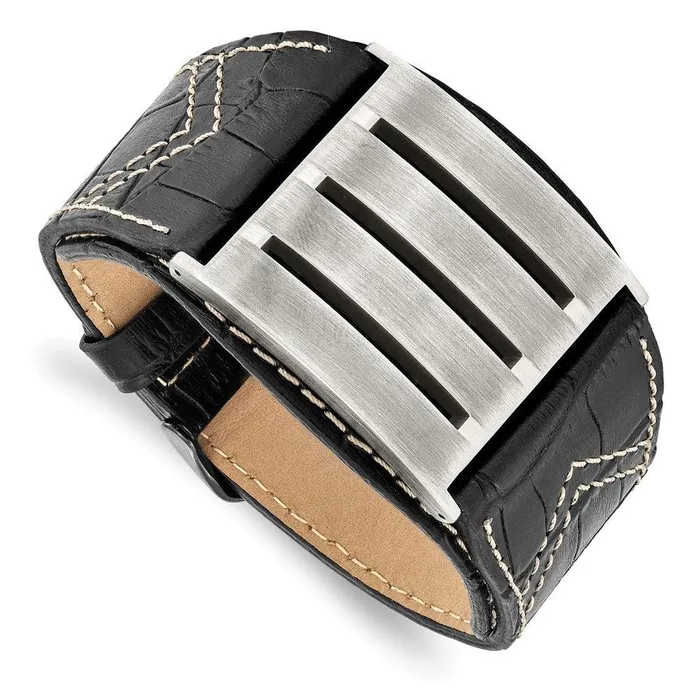 Chisel Bracelets Stainless Steel Black Leather Adjustable Buckle Bracelet