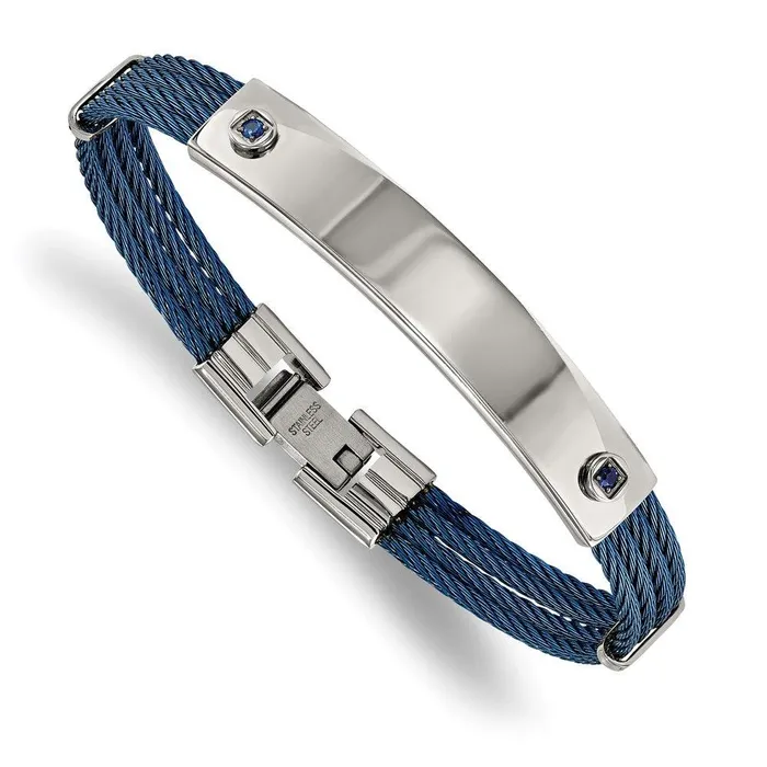 Chisel Bracelets Stainless Steel Polished Blue IPplated Cable Blue CZ 725in ID Bracelet Chisel Bracelets Stainless Steel Polished Blue IPplated Cable Blue CZ 725in ID Bracelet
