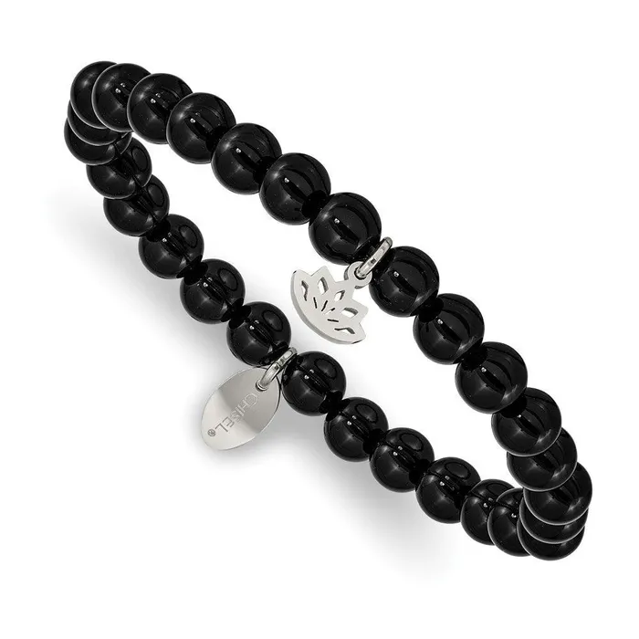 Chisel Bracelets Stainless Steel Polished Lotus Black Agate Beaded Stretch Bracelet Chisel Bracelets Stainless Steel Polished Lotus Black Agate Beaded Stretch Bracelet