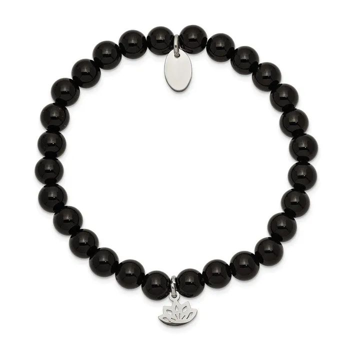 Chisel Bracelets Stainless Steel Polished Lotus Black Agate Beaded Stretch Bracelet Chisel Bracelets Stainless Steel Polished Lotus Black Agate Beaded Stretch Bracelet