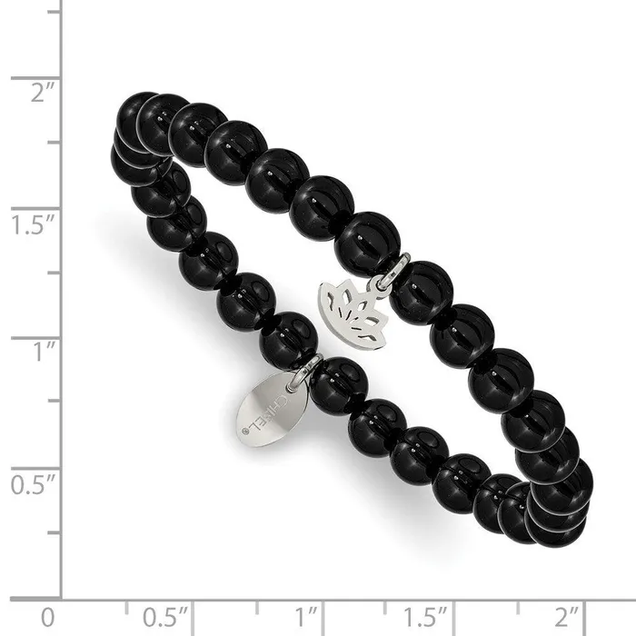 Chisel Bracelets Stainless Steel Polished Lotus Black Agate Beaded Stretch Bracelet Chisel Bracelets Stainless Steel Polished Lotus Black Agate Beaded Stretch Bracelet