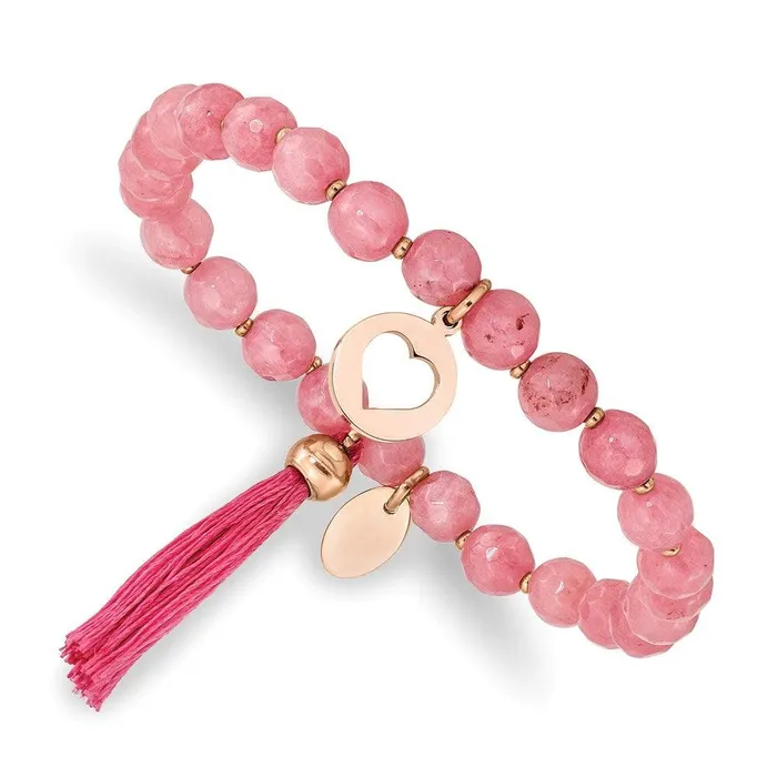 Chisel Bracelets Stainless Steel Polished Rose IP Heart wTassel Pink Jade Beaded Bracelet Chisel Bracelets Stainless Steel Polished Rose IP Heart wTassel Pink Jade Beaded Bracelet