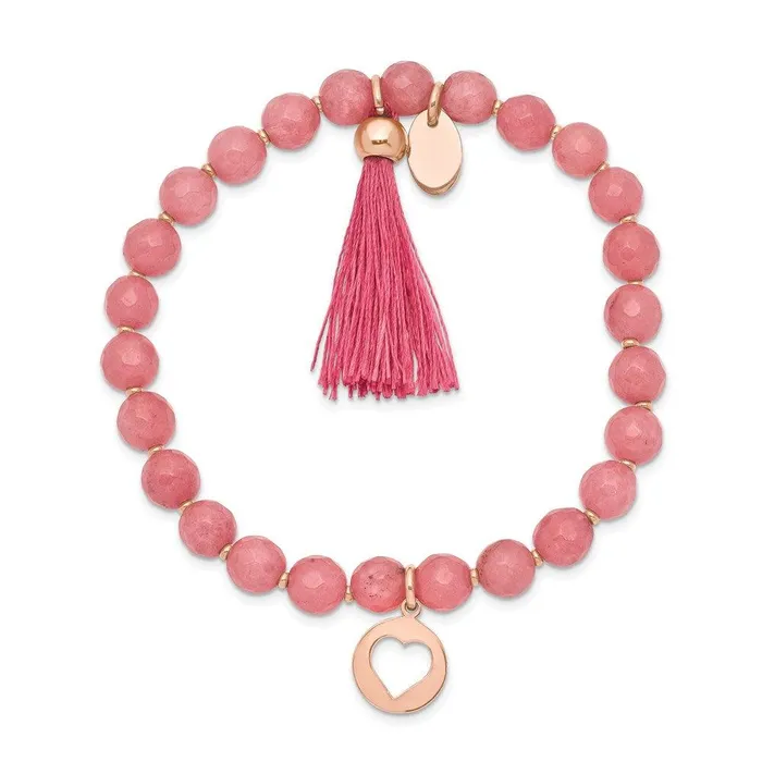 Chisel Bracelets Stainless Steel Polished Rose IP Heart wTassel Pink Jade Beaded Bracelet Chisel Bracelets Stainless Steel Polished Rose IP Heart wTassel Pink Jade Beaded Bracelet