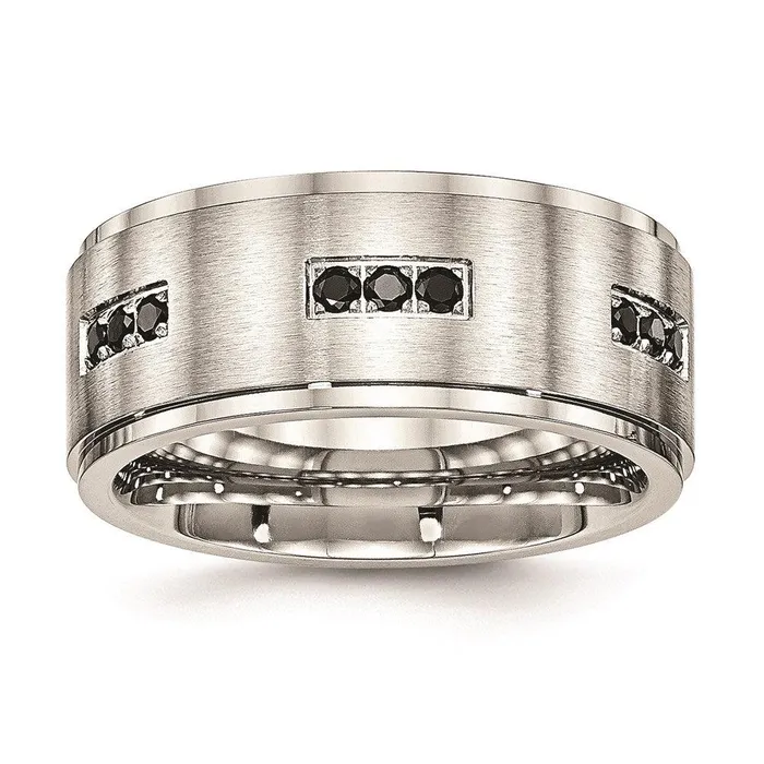 Chisel Stainless Steel Brushed and Polished Ridged Edged Black CZ Ring Rings Chisel Stainless Steel Brushed and Polished Ridged Edged Black CZ Ring Rings