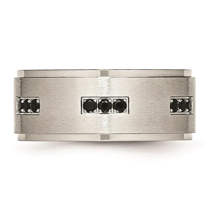 Chisel Stainless Steel Brushed and Polished Ridged Edged Black CZ Ring Rings Chisel Stainless Steel Brushed and Polished Ridged Edged Black CZ Ring Rings