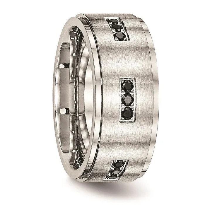 Chisel Stainless Steel Brushed and Polished Ridged Edged Black CZ Ring Rings Chisel Stainless Steel Brushed and Polished Ridged Edged Black CZ Ring Rings
