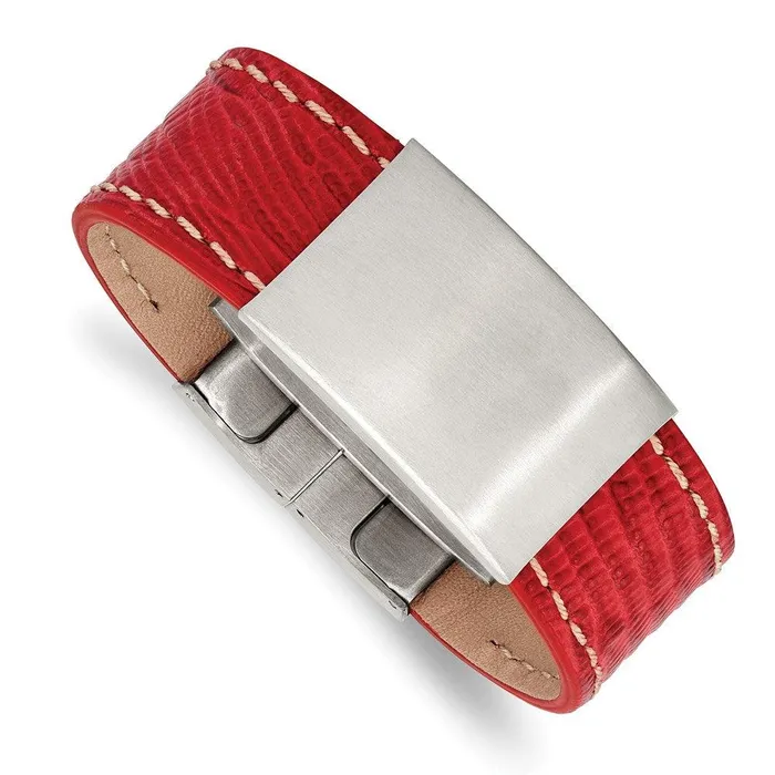 Chisel Stainless Steel Brushed Red Leather 8in ID Bracelet Bracelets