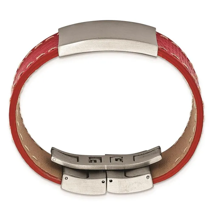 Chisel Stainless Steel Brushed Red Leather 8in ID Bracelet Bracelets Chisel Stainless Steel Brushed Red Leather 8in ID Bracelet Bracelets