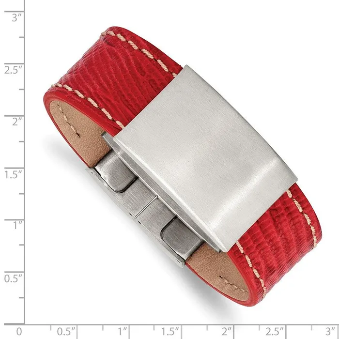 Chisel Stainless Steel Brushed Red Leather 8in ID Bracelet Bracelets Chisel Stainless Steel Brushed Red Leather 8in ID Bracelet Bracelets