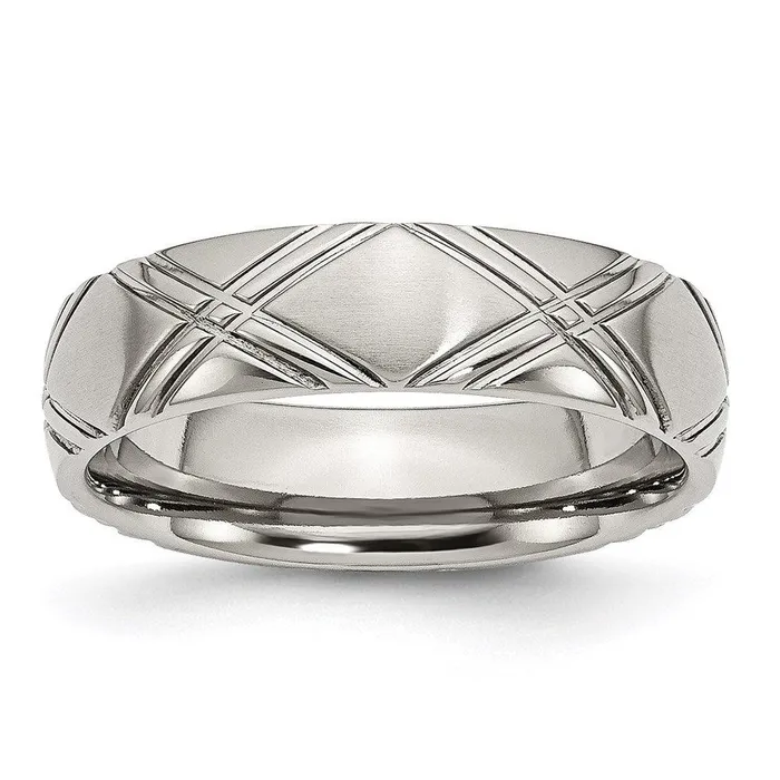 Chisel Stainless Steel Crisscross Design 6mm Brushed and Polished Band Rings Chisel Stainless Steel Crisscross Design 6mm Brushed and Polished Band Rings