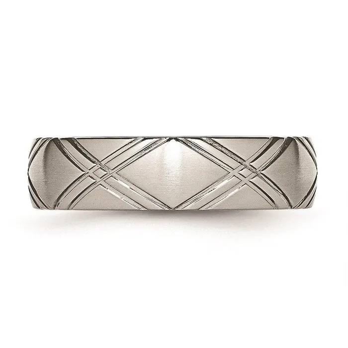 Chisel Stainless Steel Crisscross Design 6mm Brushed and Polished Band Rings Chisel Stainless Steel Crisscross Design 6mm Brushed and Polished Band Rings
