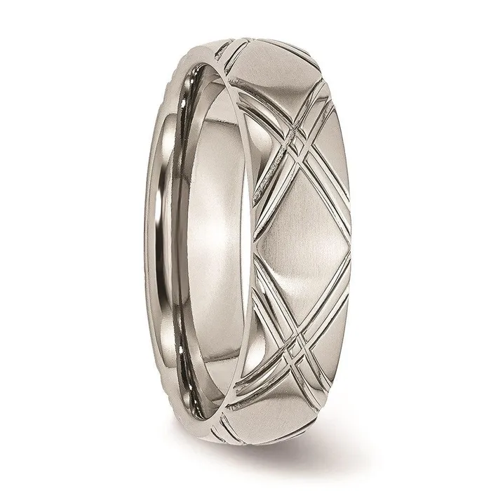 Chisel Stainless Steel Crisscross Design 6mm Brushed and Polished Band Rings Chisel Stainless Steel Crisscross Design 6mm Brushed and Polished Band Rings