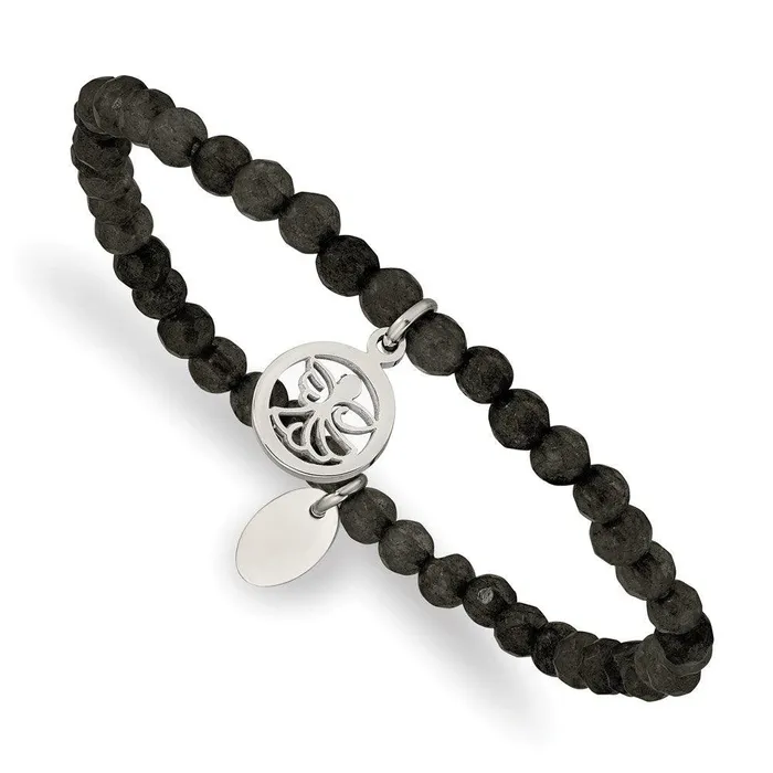 Chisel Stainless Steel Polished Angel Black Jade Beaded Stretch Bracelet Bracelets Chisel Stainless Steel Polished Angel Black Jade Beaded Stretch Bracelet Bracelets