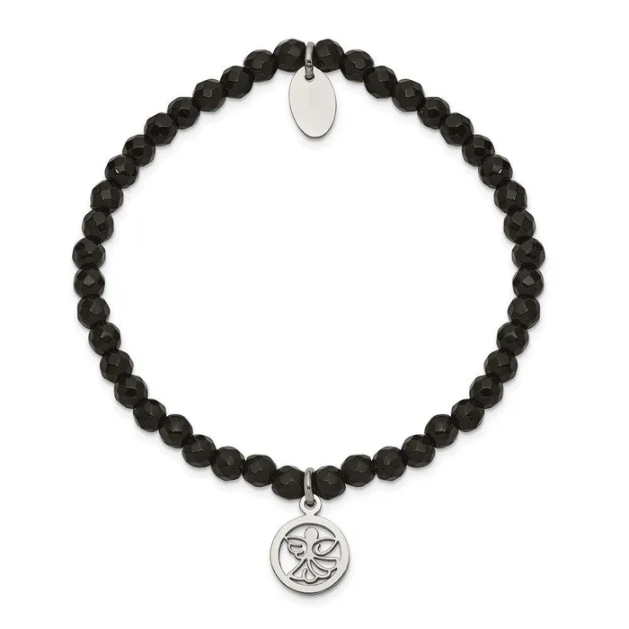 Chisel Stainless Steel Polished Angel Black Jade Beaded Stretch Bracelet Bracelets Chisel Stainless Steel Polished Angel Black Jade Beaded Stretch Bracelet Bracelets