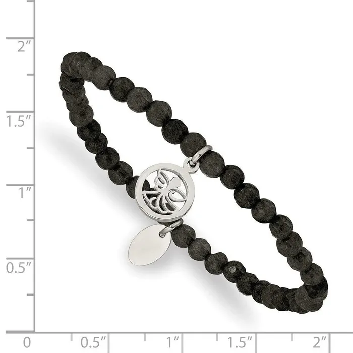 Chisel Stainless Steel Polished Angel Black Jade Beaded Stretch Bracelet Bracelets Chisel Stainless Steel Polished Angel Black Jade Beaded Stretch Bracelet Bracelets
