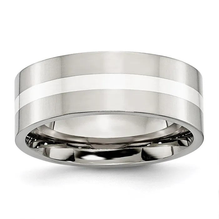Chisel Stainless Steel Sterling Silver Inlay Flat 8mm Polished Band Rings