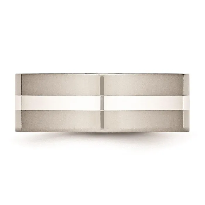 Chisel Stainless Steel Sterling Silver Inlay Flat 8mm Polished Band Rings Chisel Stainless Steel Sterling Silver Inlay Flat 8mm Polished Band Rings