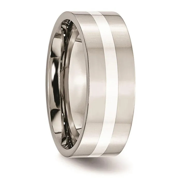 Chisel Stainless Steel Sterling Silver Inlay Flat 8mm Polished Band Rings Chisel Stainless Steel Sterling Silver Inlay Flat 8mm Polished Band Rings