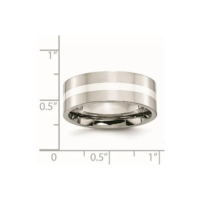 Chisel Stainless Steel Sterling Silver Inlay Flat 8mm Polished Band Rings Chisel Stainless Steel Sterling Silver Inlay Flat 8mm Polished Band Rings