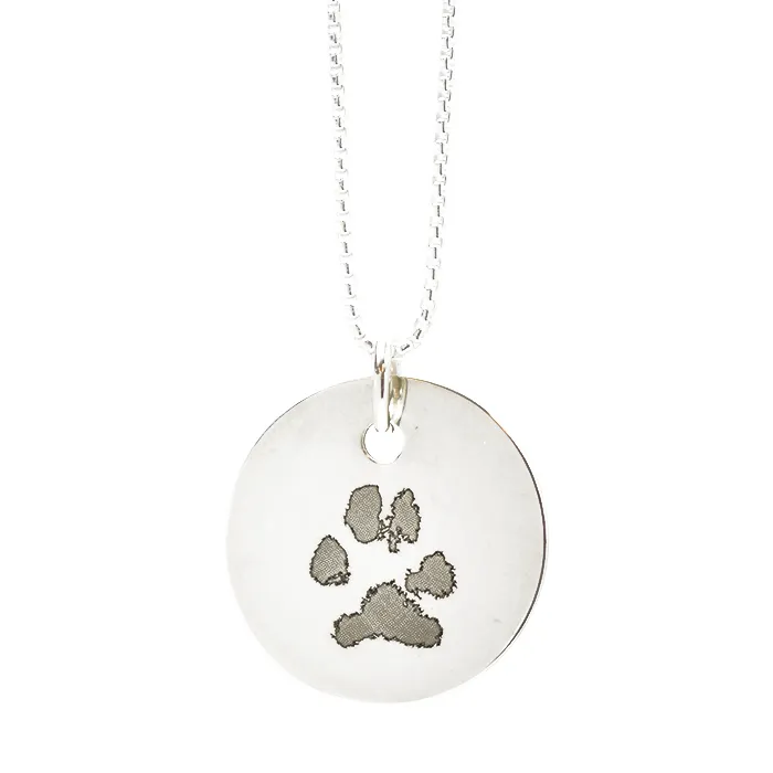 Circle Necklace with Paw Print Engraving in Sterling Silver closebymejewelry Necklaces Circle Necklace with Paw Print Engraving in Sterling Silver closebymejewelry Necklaces