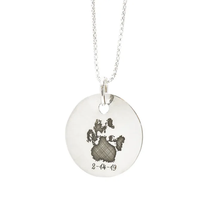 Circle Necklace with Paw Print Engraving in Sterling Silver closebymejewelry Necklaces