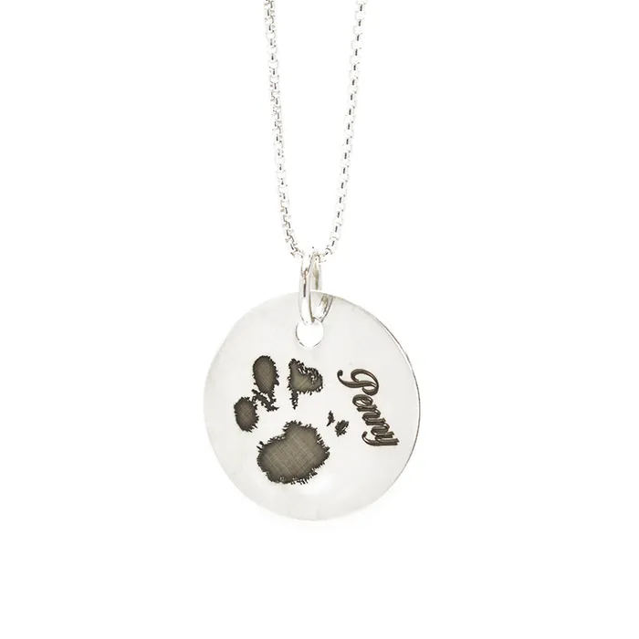 Circle Necklace with Paw Print Engraving in Sterling Silver closebymejewelry Necklaces