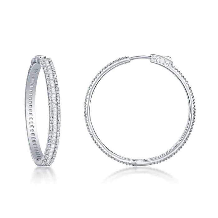 Classic Earrings Sterling Silver Baguette CZ 40mm Hoop Earrings