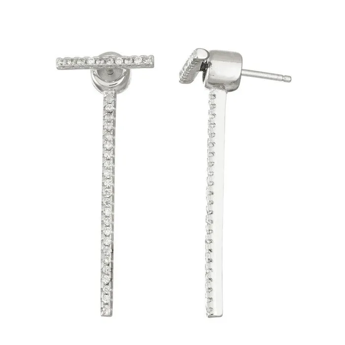 Classic Earrings Sterling Silver CZ Front and Back Long Bar Earrings