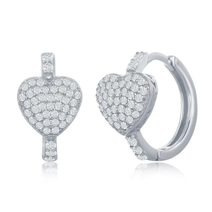 Classic Earrings Sterling Silver Mircro Pave CZ Heart Huggie Hoop Earrings Classic Earrings Sterling Silver Mircro Pave CZ Heart Huggie Hoop Earrings
