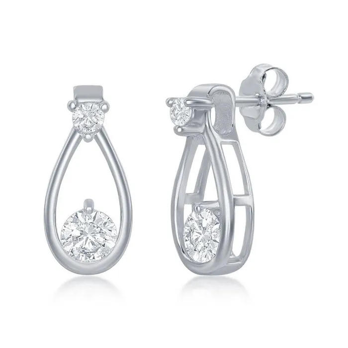 Classic Earrings Sterling Silver Open Pearshaped Round CZ Stud Earrings
