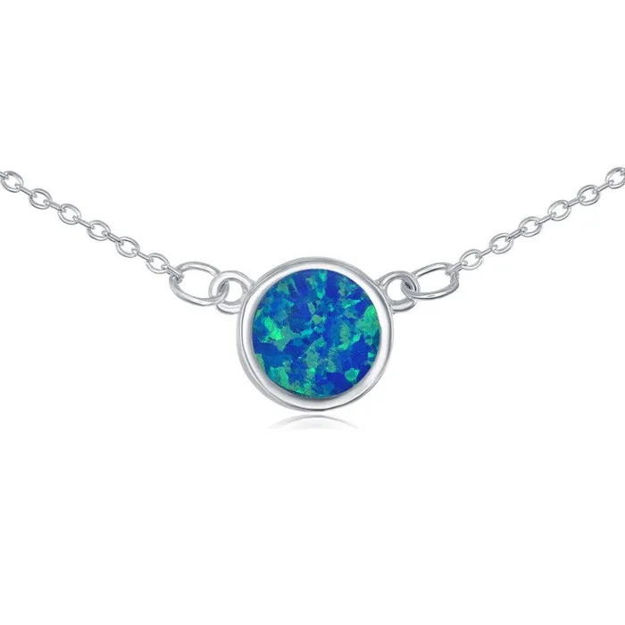 Classic Necklaces Sterling Silver Blue Inlay Opal Disc Choker Necklace