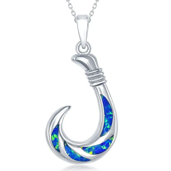 Classic Necklaces Sterling Silver Blue Inlay Opal Fish Hook Pendant