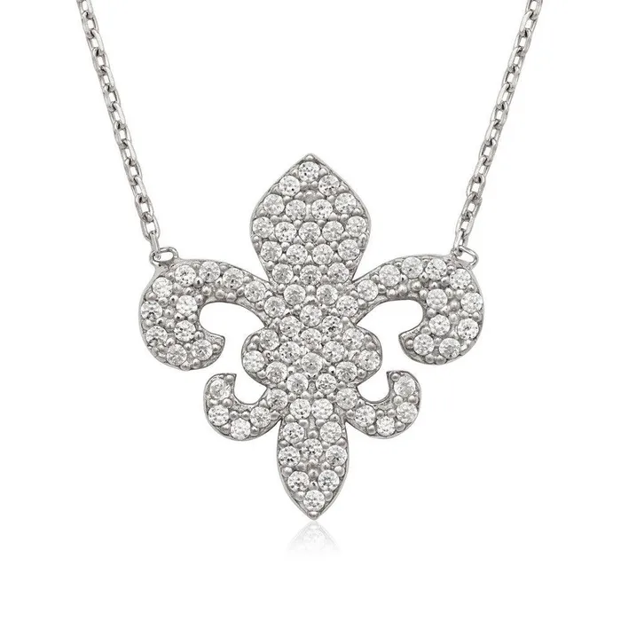 Classic Necklaces Sterling Silver Cubic Zirconia Fluer De Lis Necklace