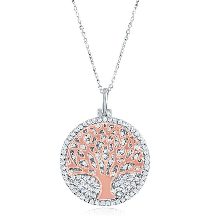 Classic Necklaces Sterling Silver Micro Pave Disc with Rose GP Center Tree Necklace Classic Necklaces Sterling Silver Micro Pave Disc with Rose GP Center Tree Necklace