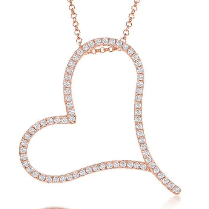 Classic Necklaces Sterling Silver Rose GP Large Micro Pave Heart Necklace