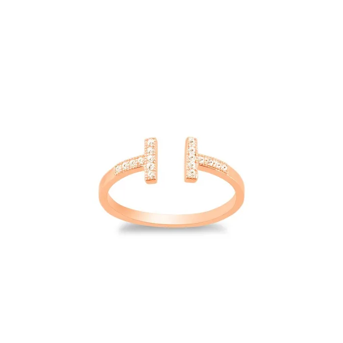 Classic Rings Sterling Silver Rose Gold Plated CZ Double T Ring W1320